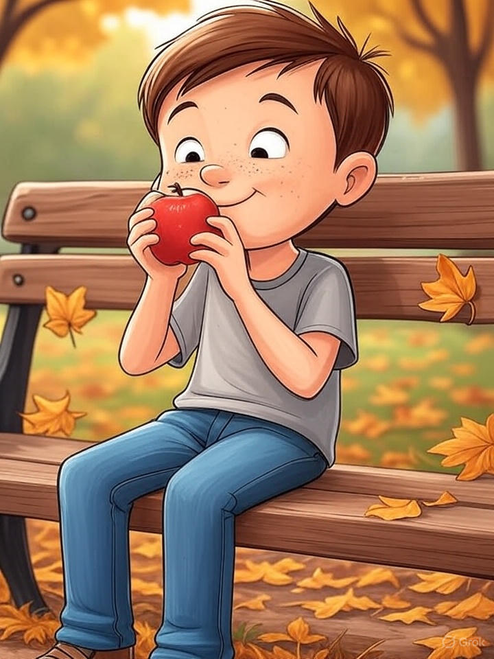 Boy eating apple under tree